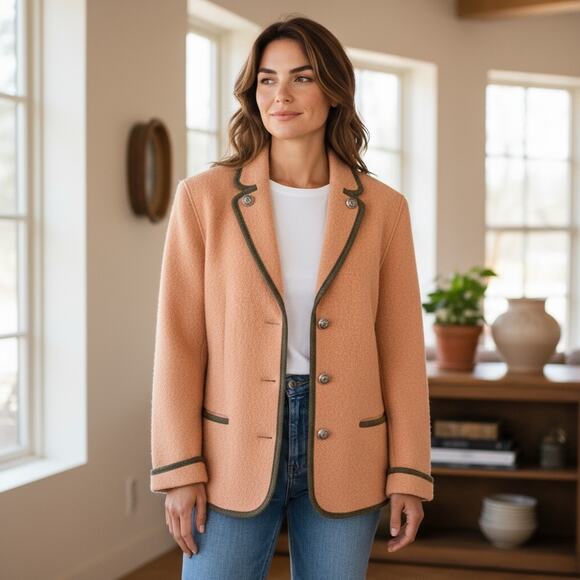 Vintage Wool LodenFrey München Blazer Peach Trimmed Alpine Jacket Scandi Girl - Picture 1 of 13